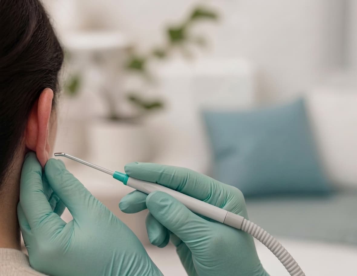 Arts verwijdert oorsmeer met een microsuctie-instrument